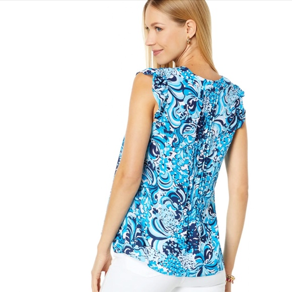 Lilly Pulitzer Top Blouse Ruffle Top Joan Small in Resort White Mermazing - Picture 7 of 12